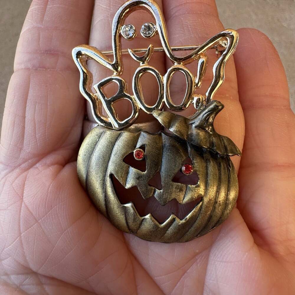 Vintage Halloween GHOST Boo PUMPKIN Rhinestone Eyes Silver Bronze Brooch Fall